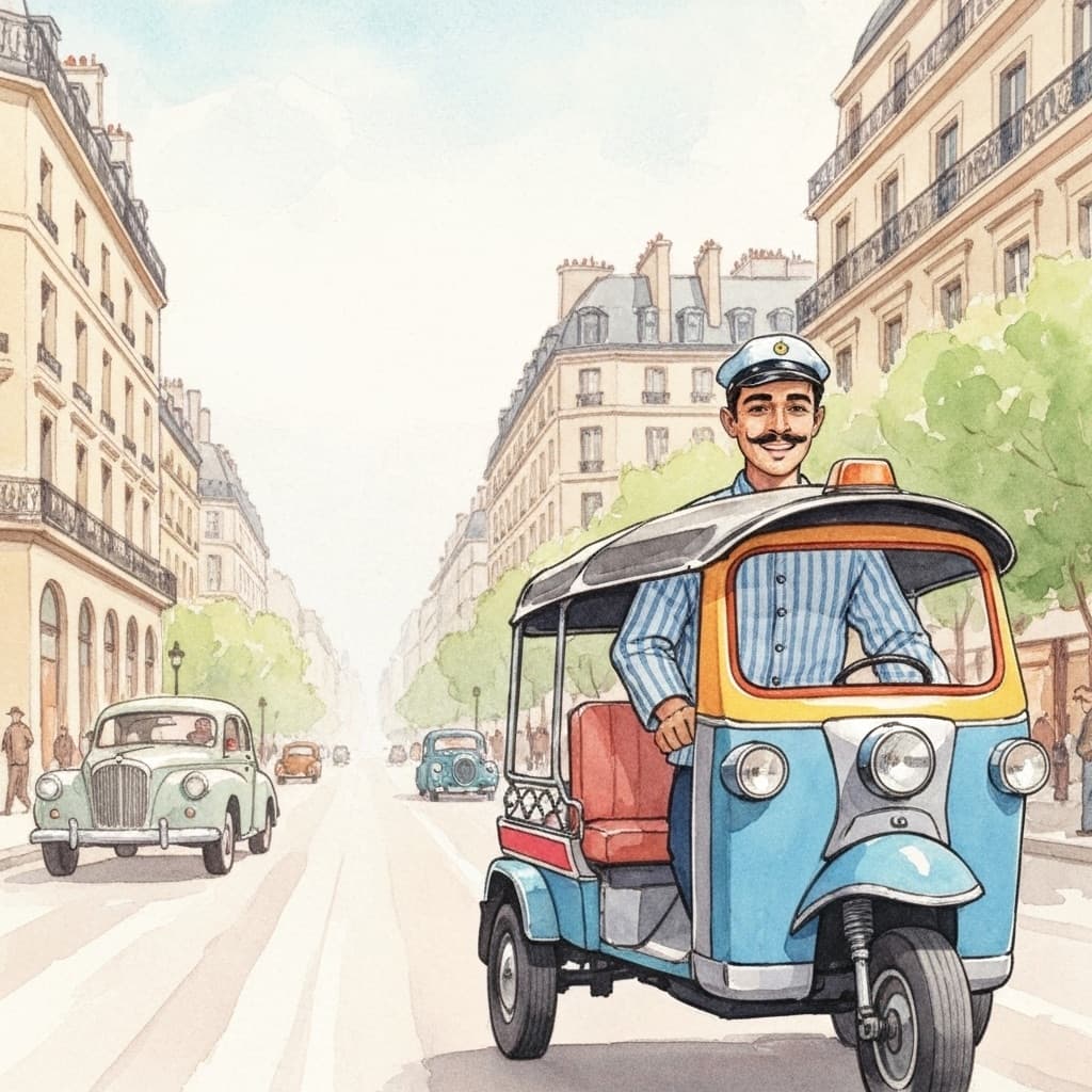Guide souriant en tuktuk sur les Champs-Élysées à Paris