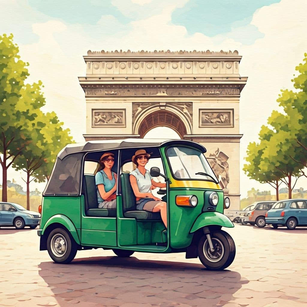 Touristes heureux dans un tuktuk vert devant l'Arc de Triomphe à Paris