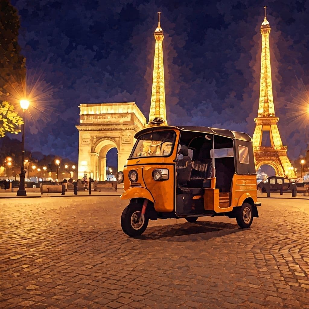TukTuk électrique devant les monuments de Paris illuminés la nuit