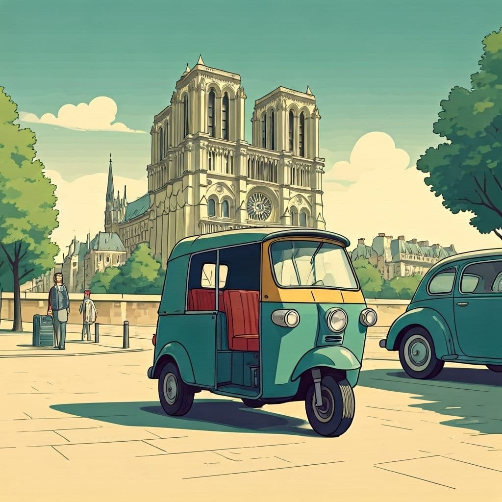 TukTuk vert électrique devant Notre-Dame de Paris, style vintage