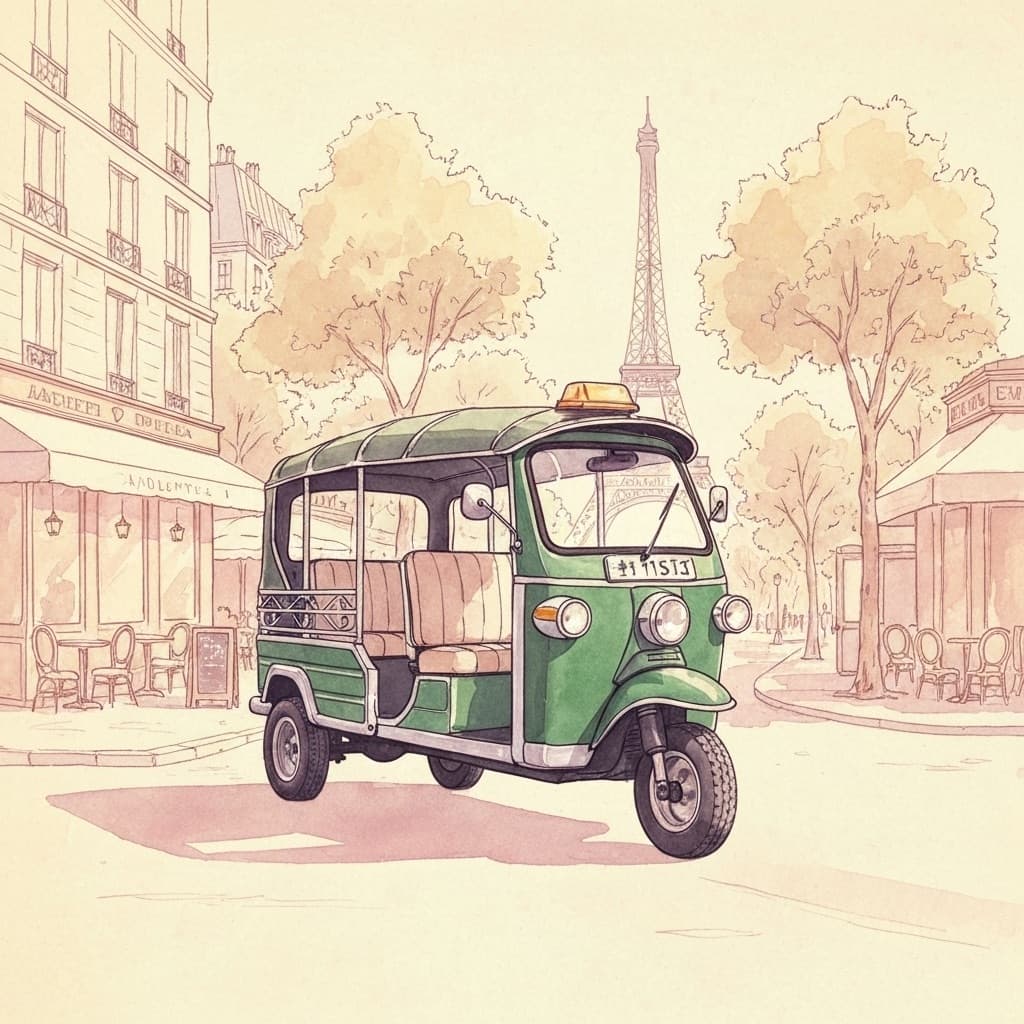 TukTuk vert électrique devant la Tour Eiffel à Paris