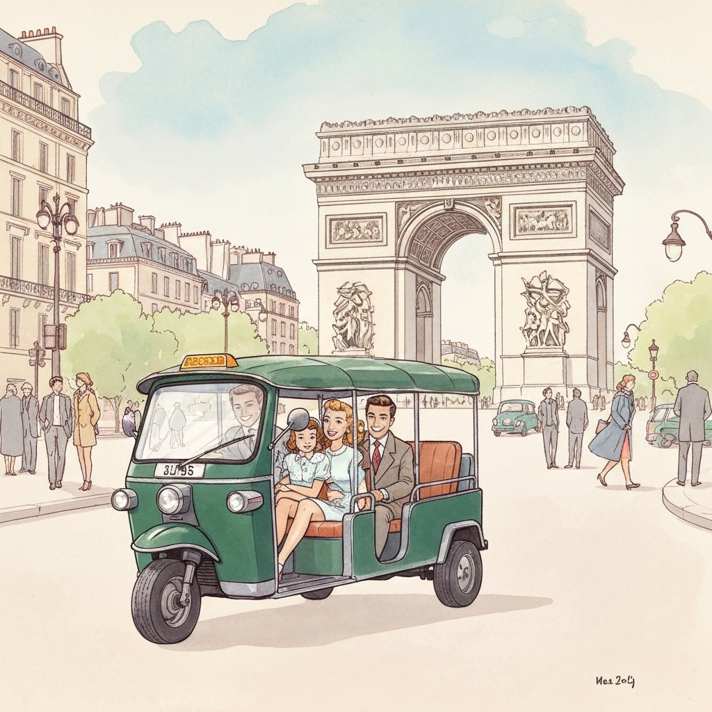 Touristes dans un tuktuk vert